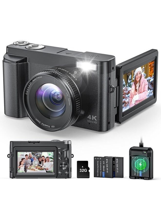 Generic 4K Digital Camera for Photography and Video, Autofocus Anti-Shake 48MP Vlogging Camera for YouTube, 3'' 180°Flip Screen Camera with Flash 16X Zoom, Digital Camera with 32GB Card Battery Charger Black  - Image 1