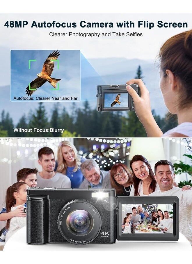 Generic 4K Digital Camera for Photography and Video, Autofocus Anti-Shake 48MP Vlogging Camera for YouTube, 3'' 180°Flip Screen Camera with Flash 16X Zoom, Digital Camera with 32GB Card Battery Charger Black  - Image 3