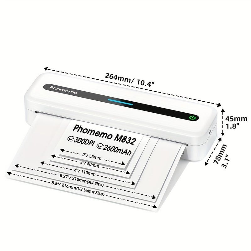 طابعة حرارية محمولة لاسلكية Phomemo M832، أبيض، بدون حبر، للهاتف واللابتوب - Image 5
