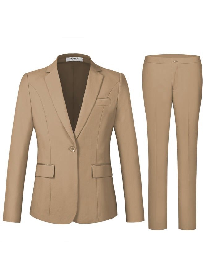 Kelyaa Women's 2 Piece Suit Notched Lapel One Button Slim Fit Business Office Work Tuxedo Blazer Pants Set Khaki, Khaki, XS - Image 3