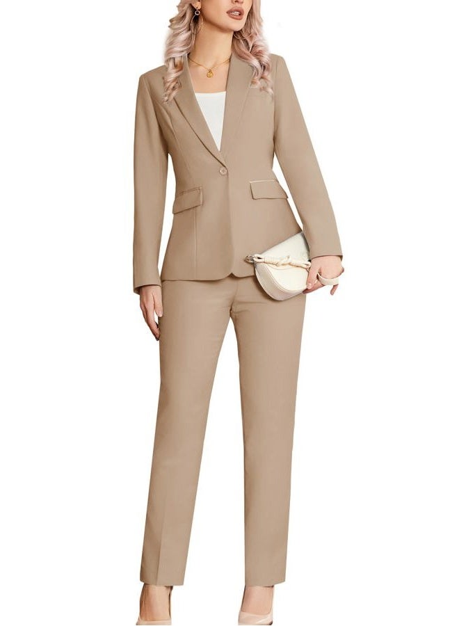 Kelyaa Women's 2 Piece Suit Notched Lapel One Button Slim Fit Business Office Work Tuxedo Blazer Pants Set Khaki, Khaki, XS - Image 1