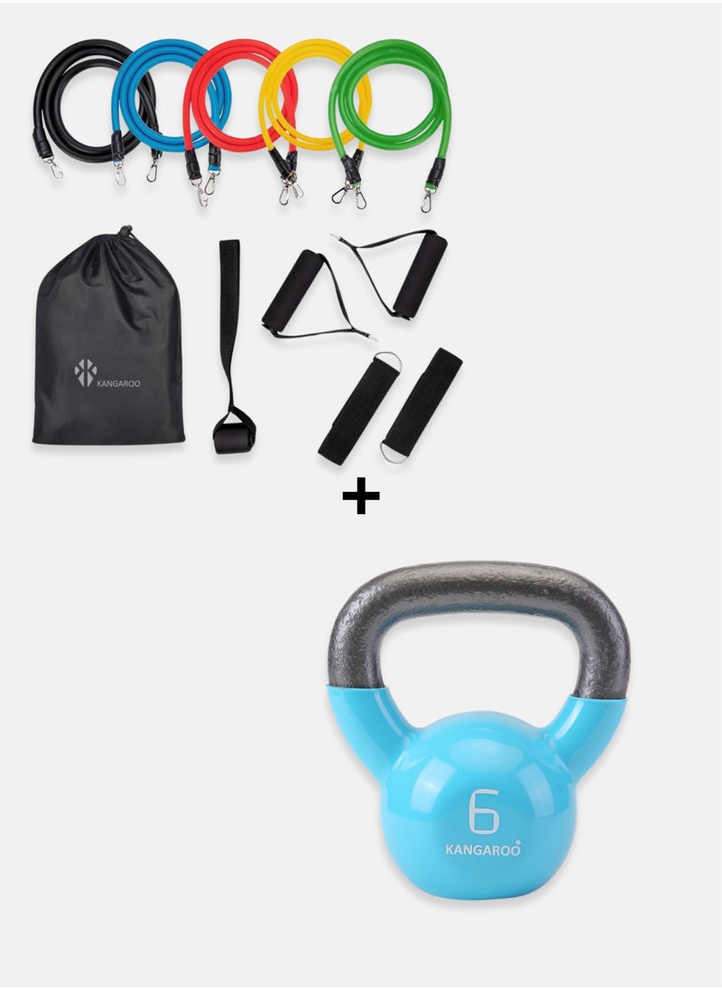 KANGAROO Kettlebell 6kg Cast Iron Comprehensive Multi-Level Resistance Rope Set 