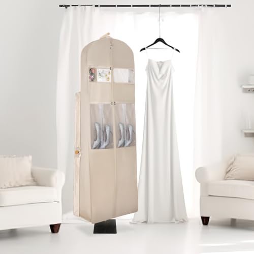 Zilink 72" Wedding Dress Garment Bag Dress Bags for Gowns Bridal Garment Bag for Long Dresses with 12”Gusseted and Accessory Pockets for Wedding Dress, Puffy Gowns [Upgraded Version], Beige - Image 5