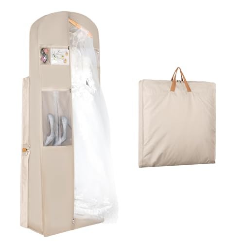 Zilink 72" Wedding Dress Garment Bag Dress Bags for Gowns Bridal Garment Bag for Long Dresses with 12”Gusseted and Accessory Pockets for Wedding Dress, Puffy Gowns [Upgraded Version], Beige - Image 1