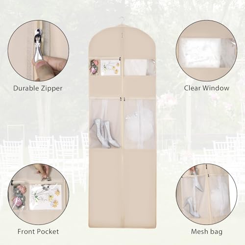 Zilink 72" Wedding Dress Garment Bag Dress Bags for Gowns Bridal Garment Bag for Long Dresses with 12”Gusseted and Accessory Pockets for Wedding Dress, Puffy Gowns [Upgraded Version], Beige - Image 3