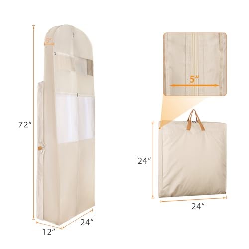 Zilink 72" Wedding Dress Garment Bag Dress Bags for Gowns Bridal Garment Bag for Long Dresses with 12”Gusseted and Accessory Pockets for Wedding Dress, Puffy Gowns [Upgraded Version], Beige - Image 2