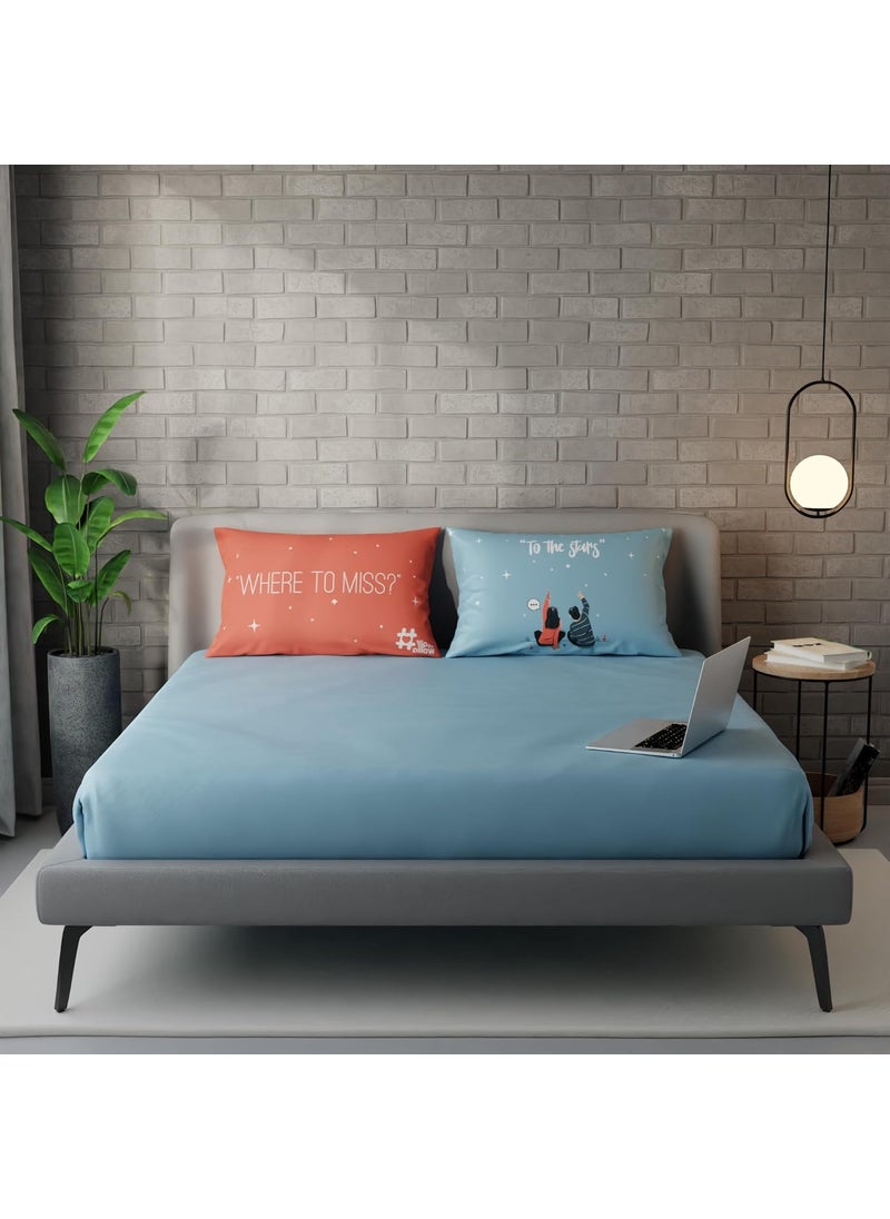 Stoa Paris Stoa Paris Satin Bedsheet for Double Size Bed Flip The Pillow Where to Miss to The Stars Flat Bedsheet Set 2 Pillow Covers Light Blue 