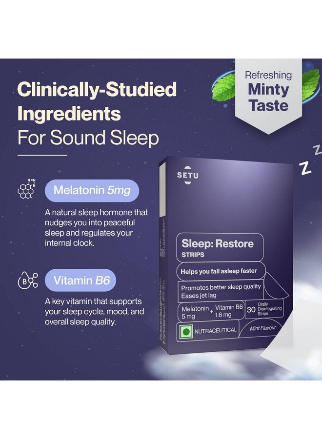 SETU ستيتو سليب رستور ميلاتونين 5 ملغ - 30 شريط ذائب في الفم (عبوة من 1) | ميلاتونين نباتي 5 ملغ | يعزز الاسترخاء والنوم، يخفف من آثار تعب السفر، غير مسبب للإدمان | نكهة نعناع لذيذة - Image 4