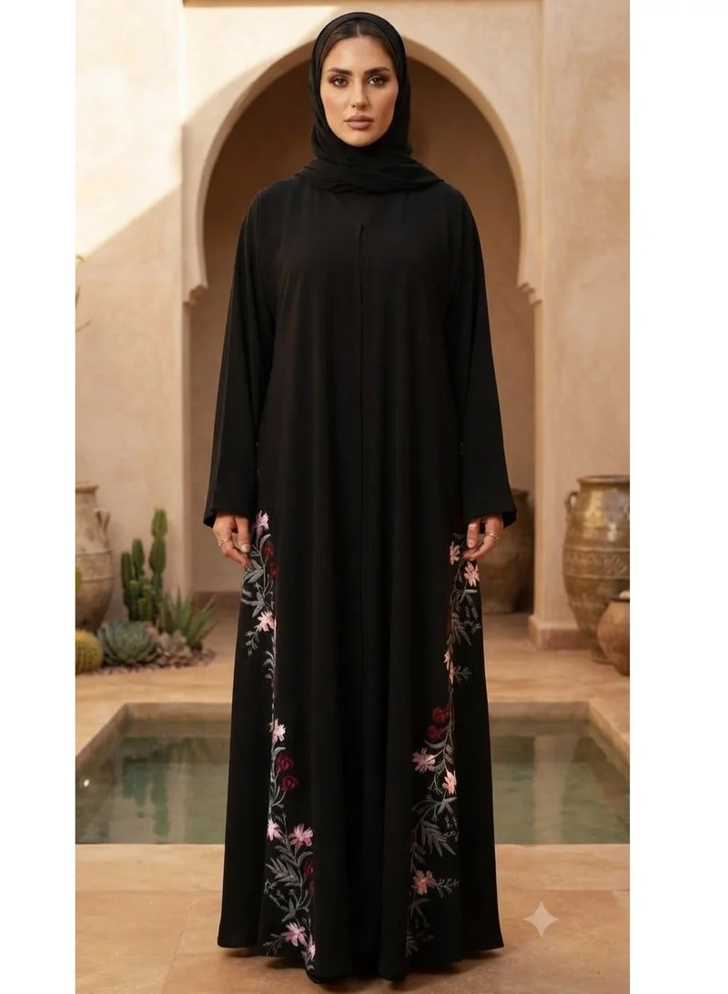 Nikias Black Nida Abaya with Floral Embroidery on Front & Back