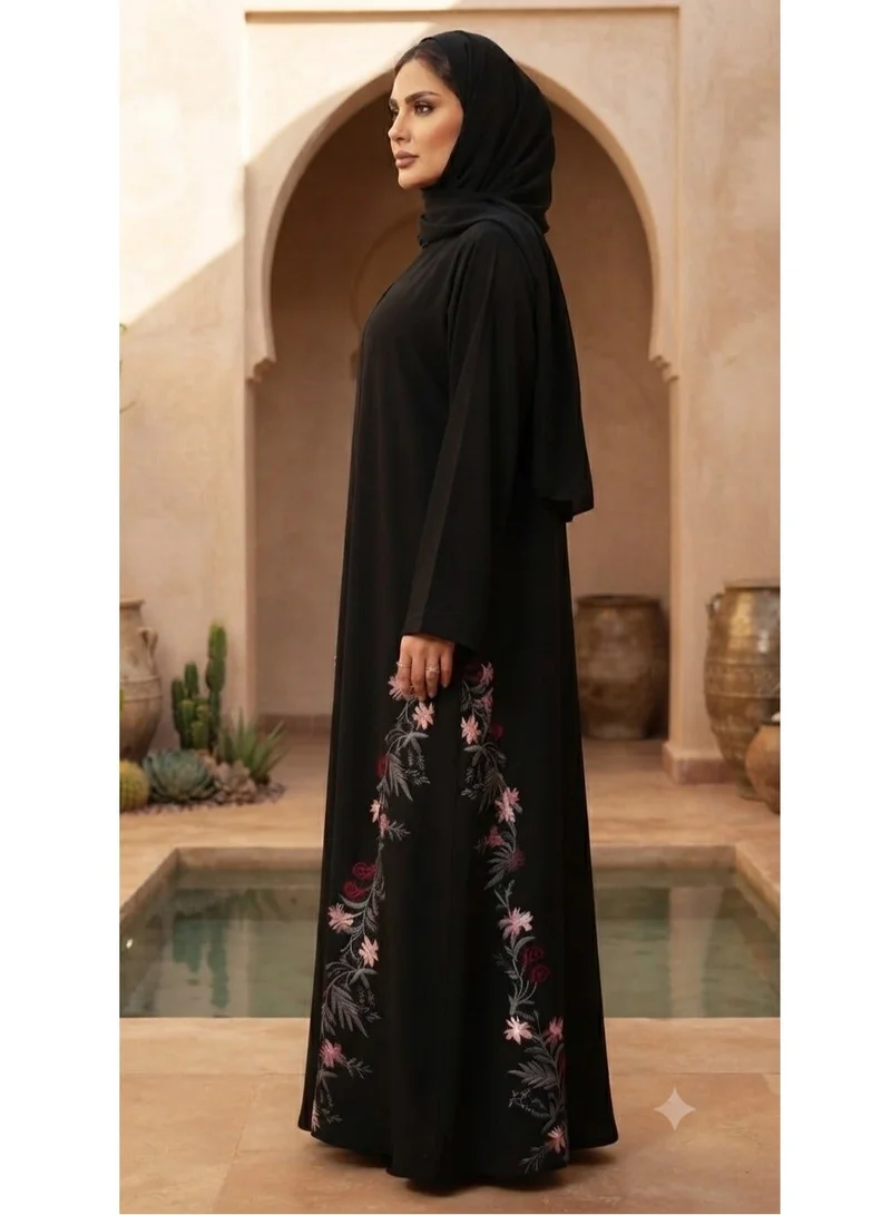 Nikias Black Nida Abaya with Floral Embroidery on Front & Back