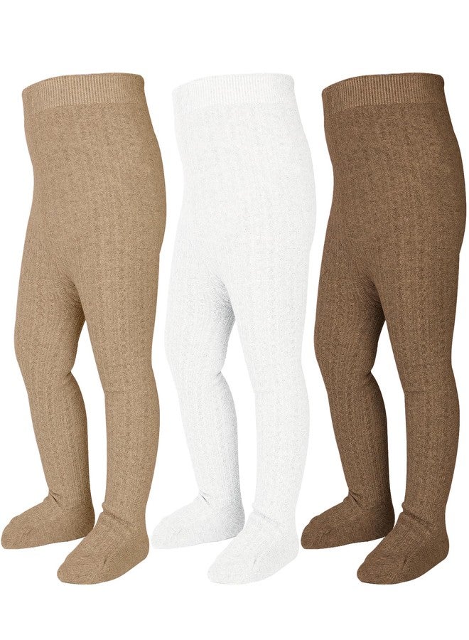 Mini angel Baby Tights 0-3 Months Girl Cable Knit Tights 3 Pack Baby Leggings Seamless Cotton Stockings Pantyhose for Newborn (Coffee+Khaki+Ivory, XXS) - Image 1