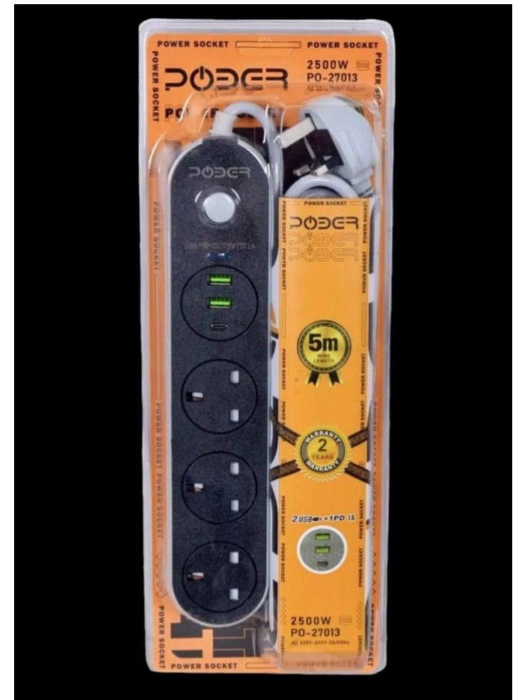 POWER 5-meter power strip with three outlets, two USB ports, and one Type-C port. - Image 2
