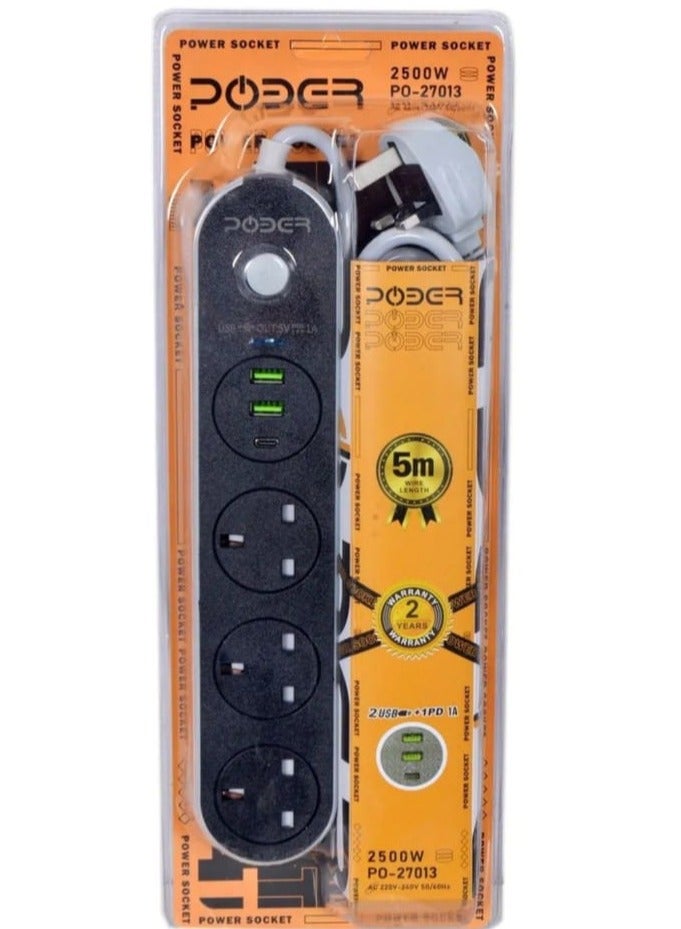 POWER 5-meter power strip with three outlets, two USB ports, and one Type-C port. - Image 1