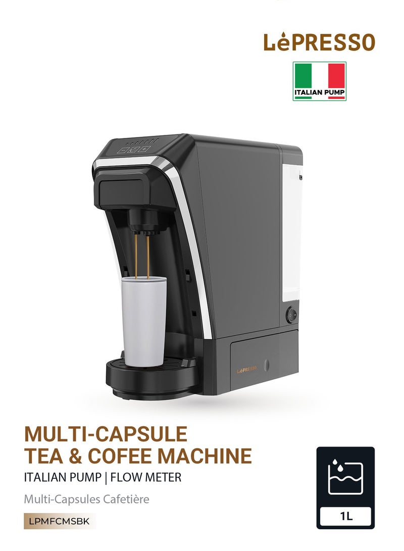 LePRESSO Multi Capsule Tea & Coffee Machine with Italian 20Bar Pump & Flow Meter / Nespresso Capsule Compatible / Tea Leaves Brewer / 1L Water Tank Capacity / 1400W Rated Power / ABS Material - Black - Image 1