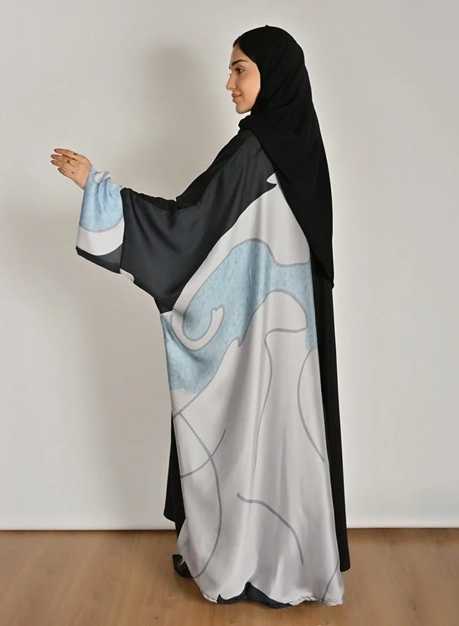 Hawraa Abaya Bisht-Style Abaya with Wide Sleeves and Half-Panel Printed Silk Detailing