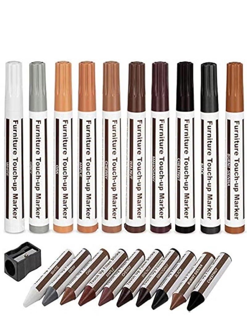 مجموعة إصلاح الأثاث، أقلام تحديد خشبية، أعواد شمع، مجموعة من 21 قلم تحديد وعصي شمع مع طقم مبراة لإصلاح الأثاث، خدوش الأرضيات، مجموعة نظام إصلاح الرتوش، حزمة استعادة الخشب - Image 1