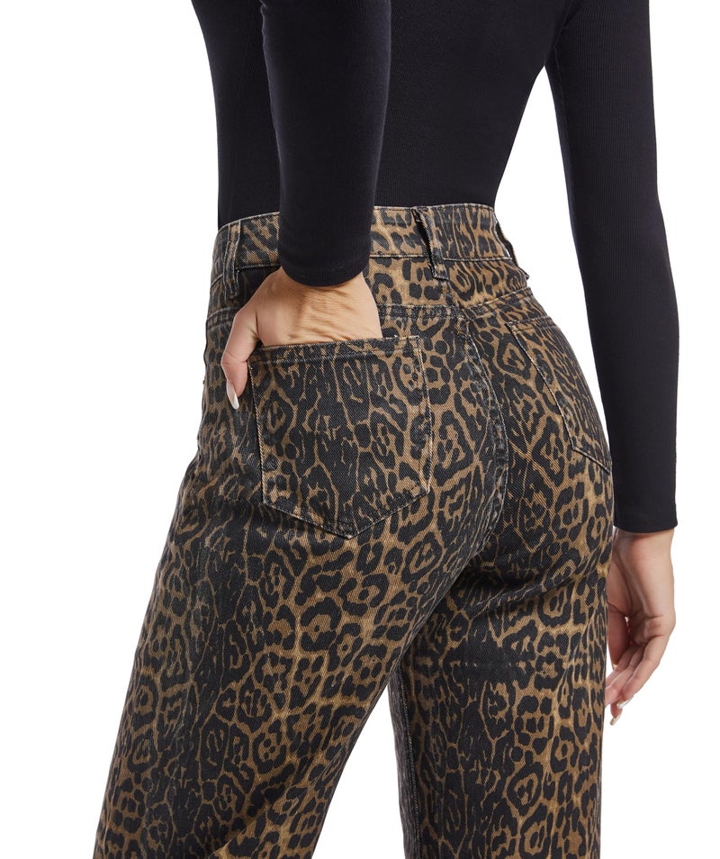 ETTELO Women's Jeans Straight Leg Casual High Waisted Stretch Trendy Leopard Pull On Jeans for Women - Image 4