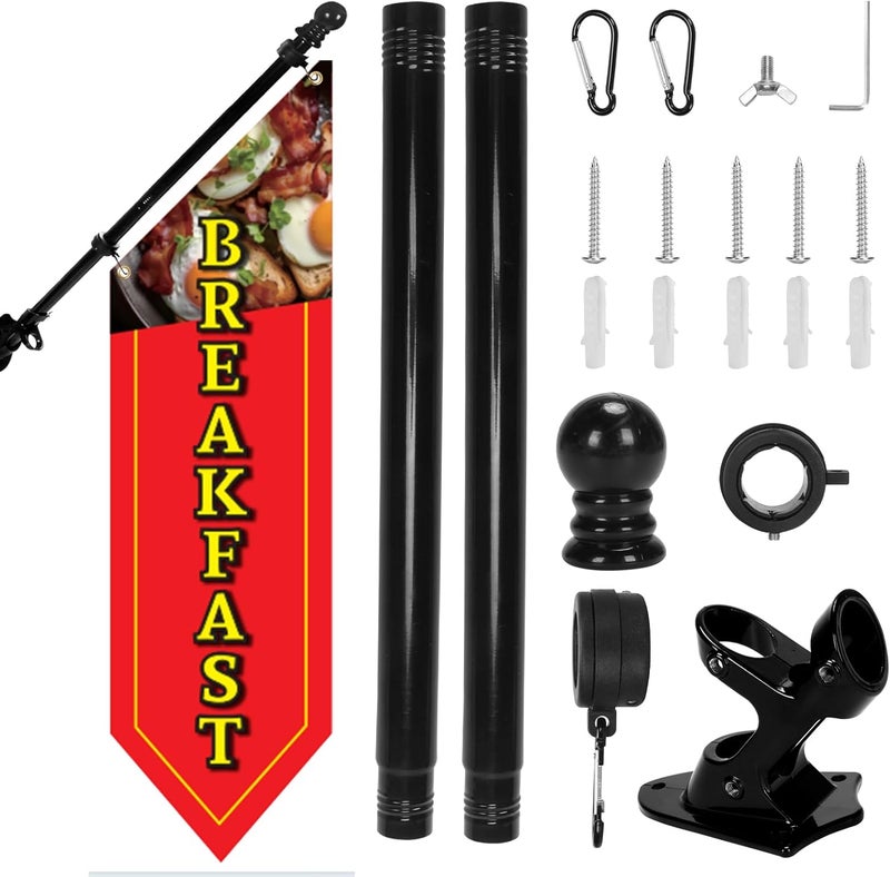 yeload Heavy-Duty Double-Sided Breakfast Flag Banner Kit – 42x12 inch Outdoor Canvas Sign with Pole & Metal Bracket for Restaurant, Café, Food Truck, Storefront Advertising - Image 1