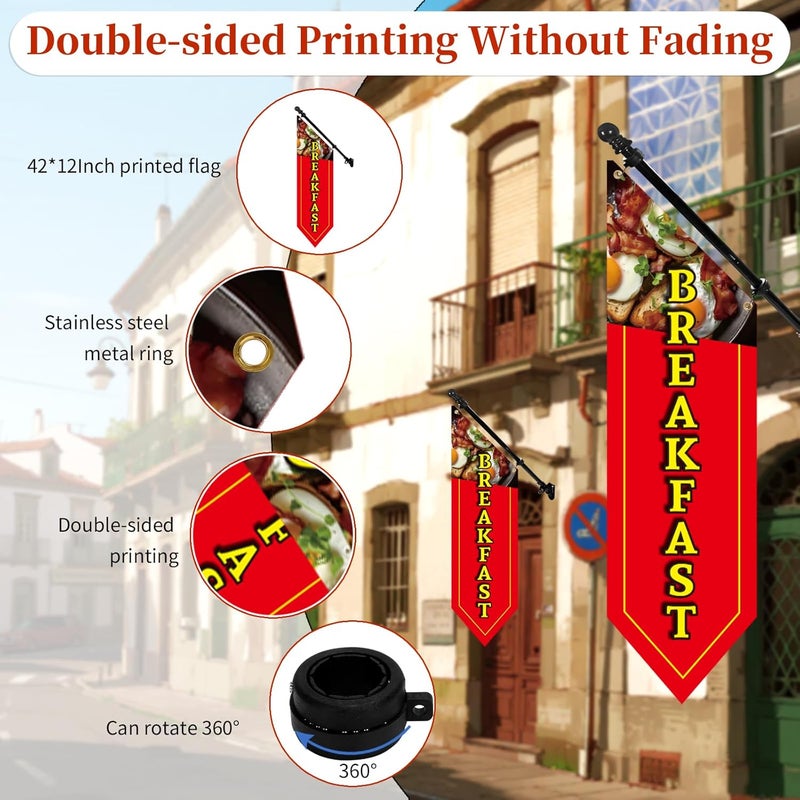 yeload Heavy-Duty Double-Sided Breakfast Flag Banner Kit – 42x12 inch Outdoor Canvas Sign with Pole & Metal Bracket for Restaurant, Café, Food Truck, Storefront Advertising - Image 3