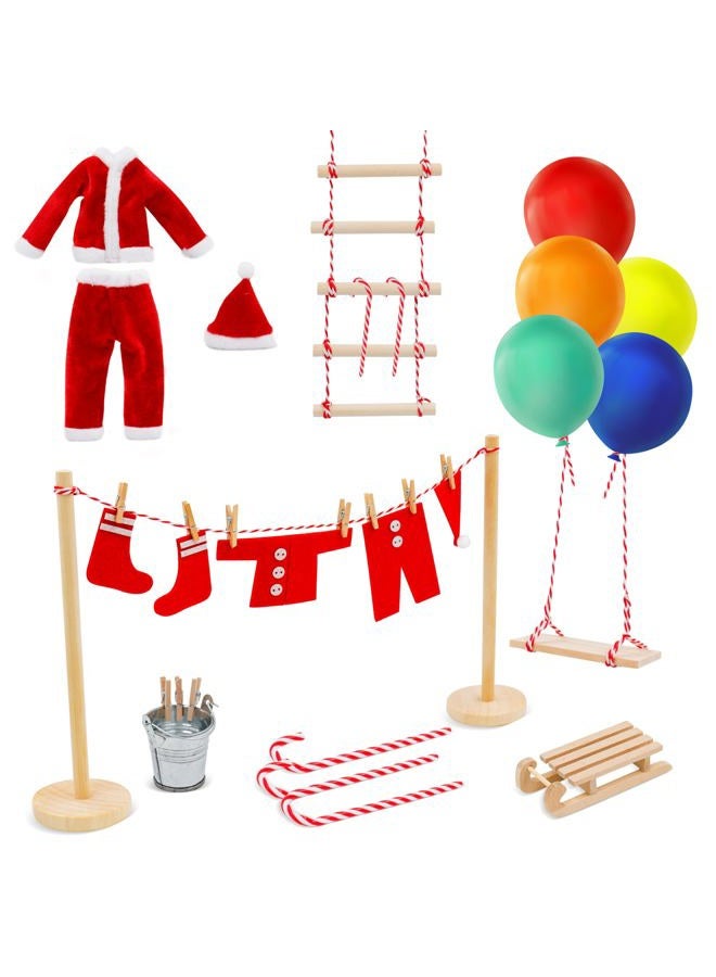 BEIREG Elf Clothes and Accessories - 42pcs Christmas Elf Clothes Accessories Set Include Clothes Balloons Ladder Swing and Mini Props Christmas DIY Craft Gift for Kids - Image 1