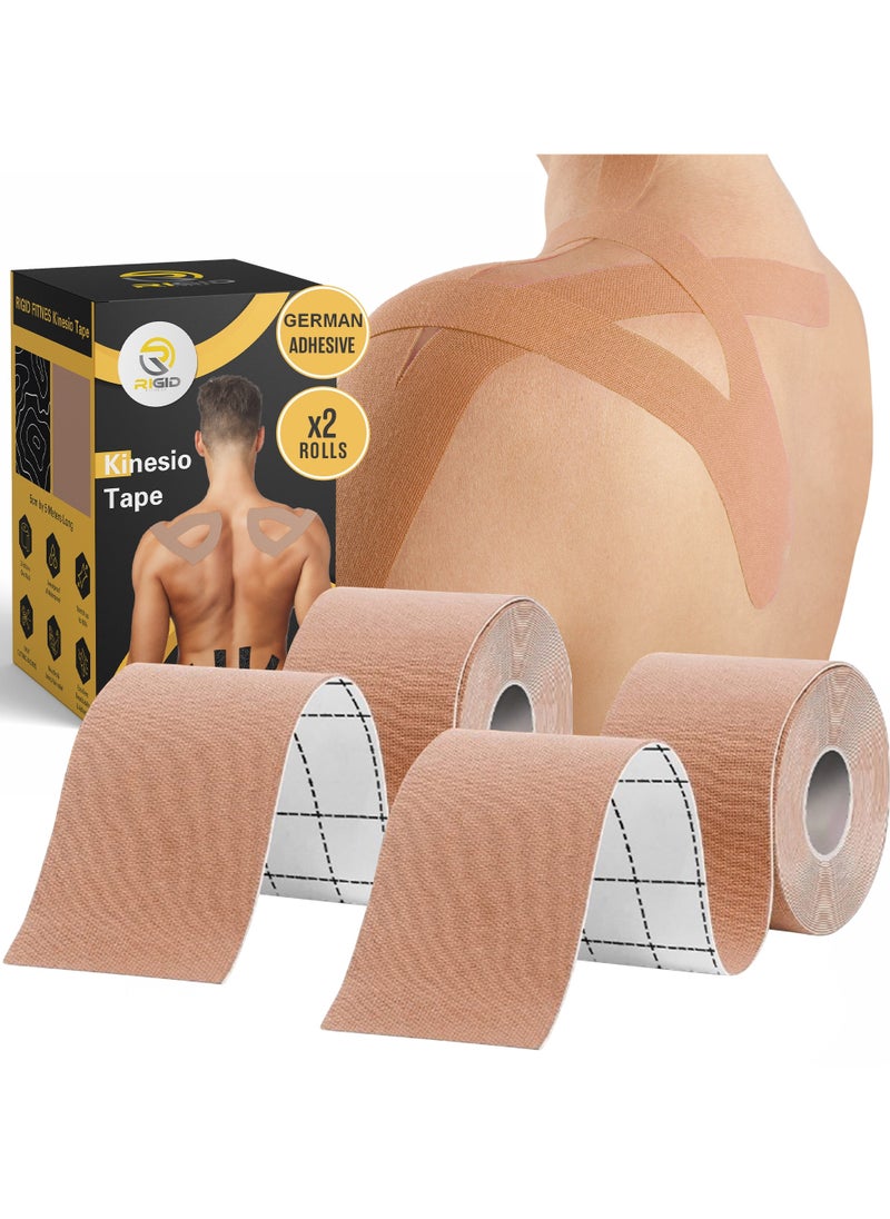 RIGID FITNESS Kinesiology Tape x2 Pcs - Sweatproof Kinesio Tapes with Strong Japanese Adhesion - Reduces Muscle Pain, Eases Joint Inflammation, Improves Blood Flow - 5cm x 5 Meters (Beige)  - Image 1