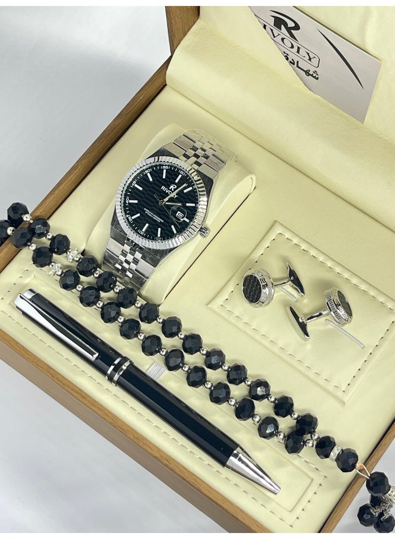 ريفولي طقم ساعة رجالي فاخر من الستانلس ستيل للهدايا مع قلم وأزرار أكمام وسبحة أنيقة - Image 1