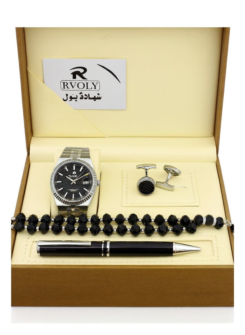 ريفولي طقم ساعة رجالي فاخر من الستانلس ستيل للهدايا مع قلم وأزرار أكمام وسبحة أنيقة - Image 2