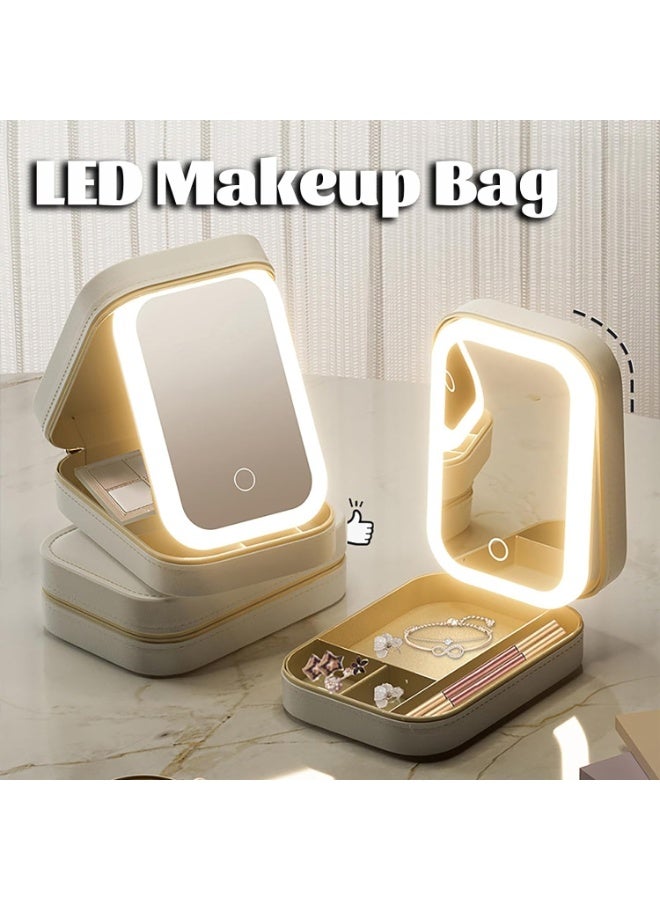 جومي حقيبة مكياج وصندوق مجوهرات 2 في 1 مع مرآة مضيئة LED، منظم تجميل محمول للسفر، إضاءة بثلاثة ألوان قابلة للشحن للنساء (أبيض) - Image 4