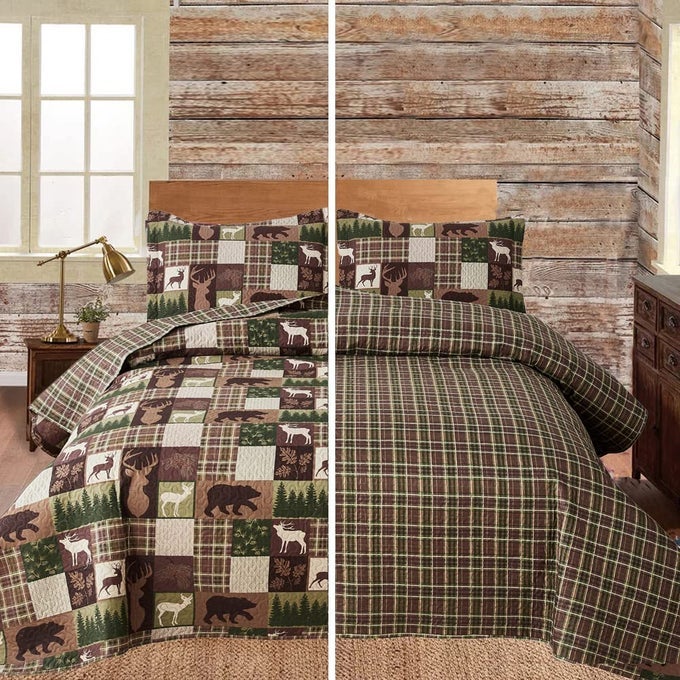 MOOSE LODGE LIGHTWEIGHT BEDSPREAD COVERLET ALL SEASON KING BEDDING COVER WITH SHAMSPLAID BEAR DEER PRINTED QUILT SET BEDDING SETRUSTIC COUNTRY CABIN REVERSIBLE SUMMER COMFORTER BLANKET BED COVER