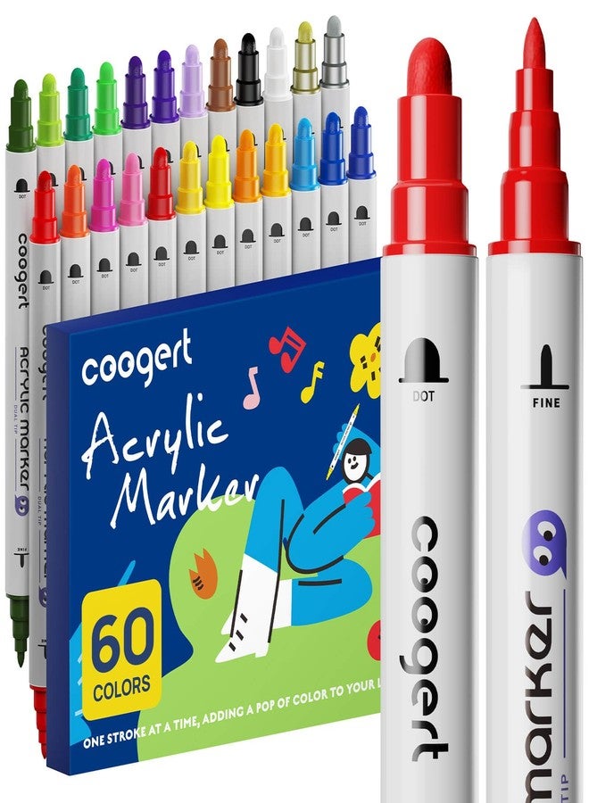 Coogert 60 Colors Dual Tip Acrylic Paint Markers,Fine Tip and Dot Tip Acrylic Paint Pens For Rock Painting, Canvas, Wood, Glass, Ceramic, Fabric, Plastic, Egg, Scrapbook,Art Painting Supplies Kit - Image 1