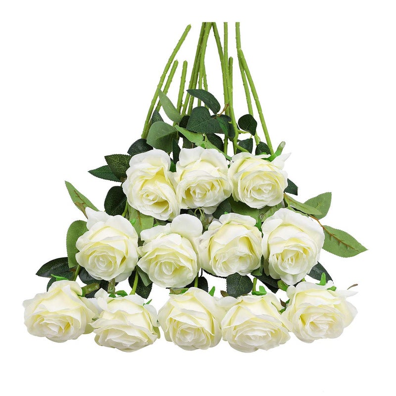 Tifuly 12 PCS Artificial Roses 1968 Single Long Stem Fake Rose Silk Bridal Wedding Bouquet Realistic Flower for Home Garden Party Hotel Office DecorBlossom RosesWhite