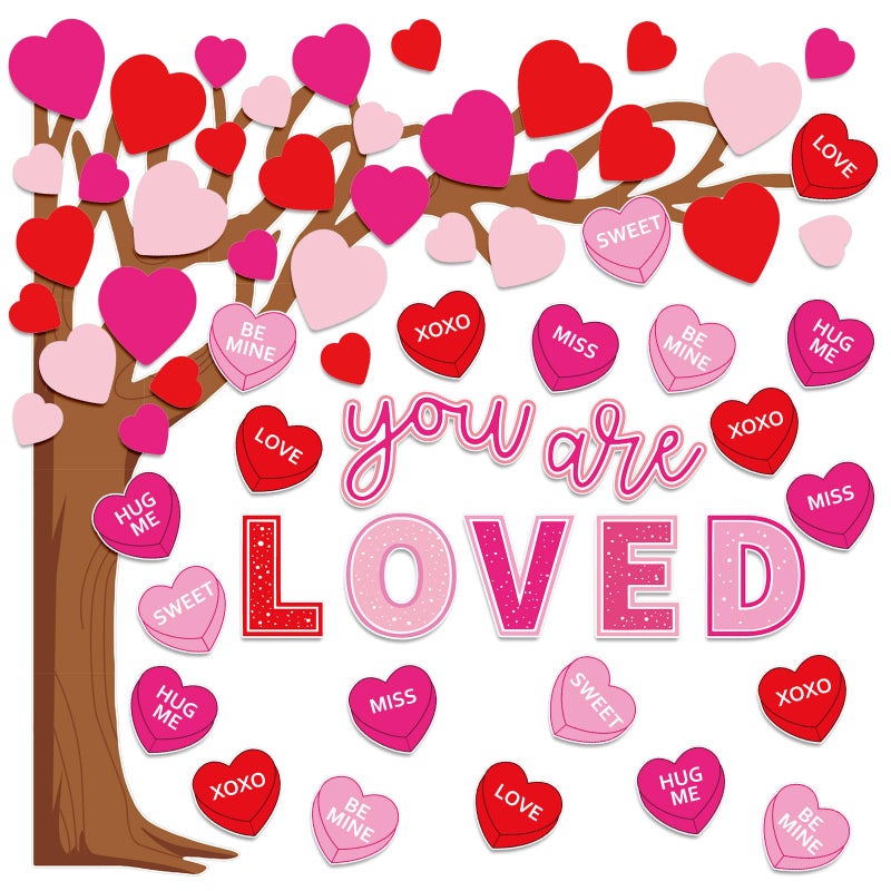 Whaline 99Pcs Valentine's Day Tree Bulletin Board Decoration Set Red Pink Conversation Candy Heart Paper Cutouts with 200Pcs Glue Points for Party Classroom Wall Blackboard - Image 1