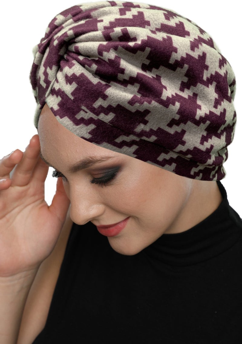 Fidan Bone Fidan Bonnet Angora Wool Lined Crow's Foot Patterned Claret Red-Beige Ready Made Turban Hijab Cap Women's Beret  - Image 2