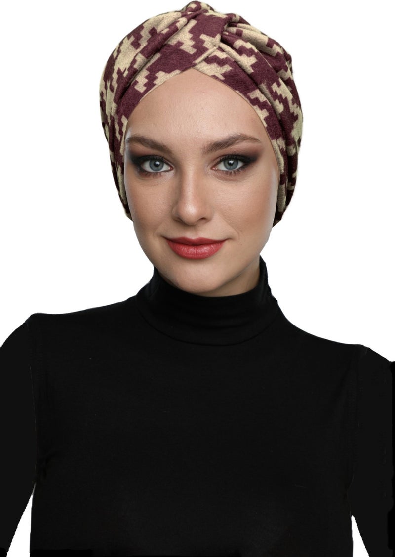Fidan Bone Fidan Bonnet Angora Wool Lined Crow's Foot Patterned Claret Red-Beige Ready Made Turban Hijab Cap Women's Beret  - Image 1