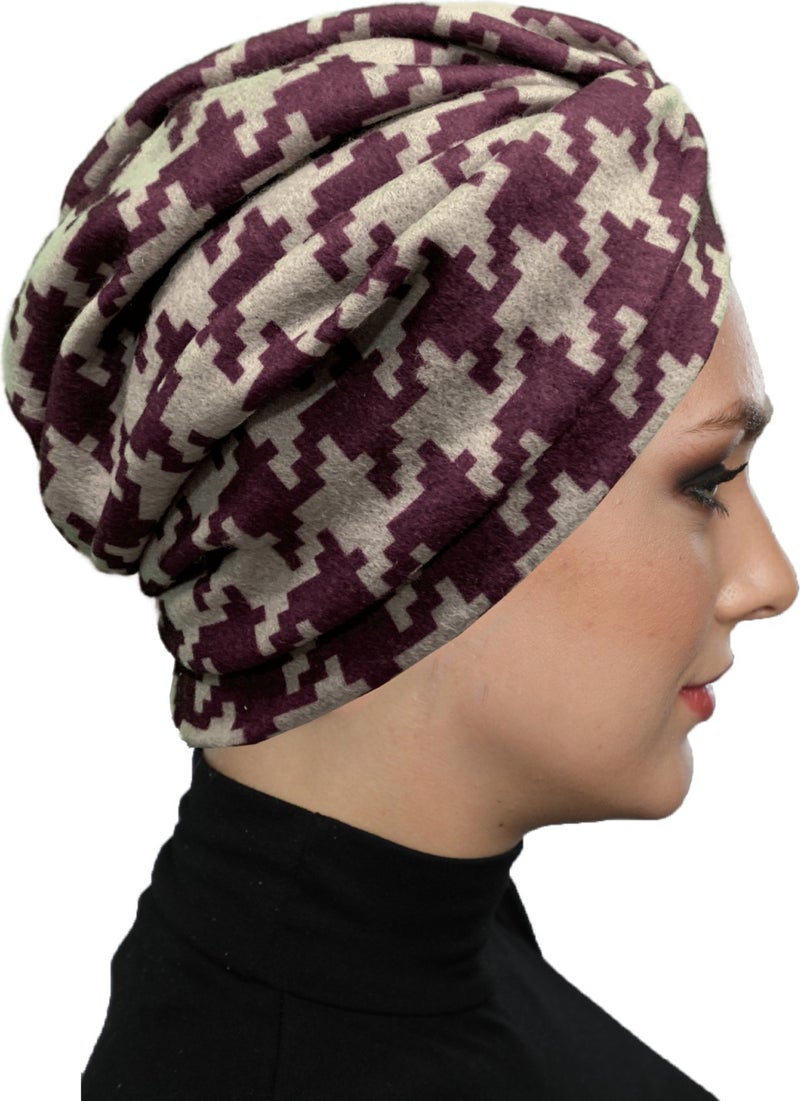 Fidan Bone Fidan Bonnet Angora Wool Lined Crow's Foot Patterned Claret Red-Beige Ready Made Turban Hijab Cap Women's Beret  - Image 4