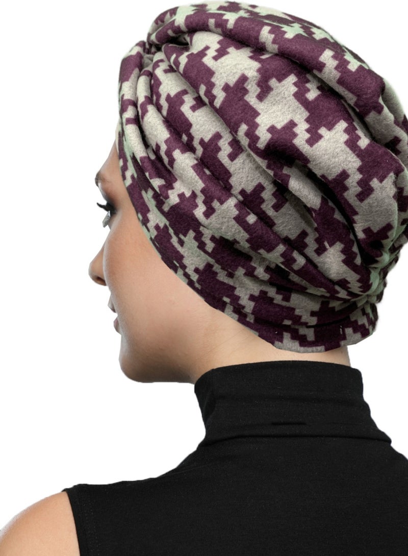 Fidan Bone Fidan Bonnet Angora Wool Lined Crow's Foot Patterned Claret Red-Beige Ready Made Turban Hijab Cap Women's Beret  - Image 3