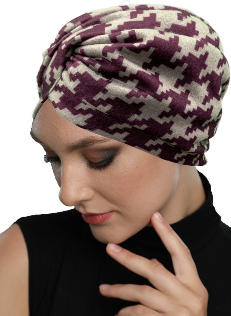 Fidan Bone Fidan Bonnet Angora Wool Lined Crow's Foot Patterned Claret Red-Beige Ready Made Turban Hijab Cap Women's Beret  - Image 5