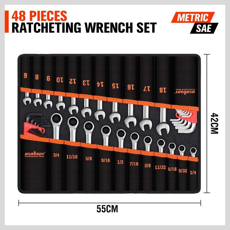 HORUSDY Ratcheting Wrench Set | 48-Piece | Cr-V Steel | 72 Teeth Ratchet Wrench 6-18mm & SAE 1/4-3/4" | with Roll Up Pouch and Allen Wrench - Image 3