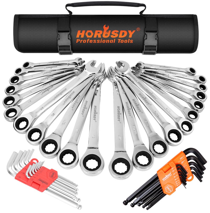 HORUSDY Ratcheting Wrench Set | 48-Piece | Cr-V Steel | 72 Teeth Ratchet Wrench 6-18mm & SAE 1/4-3/4" | with Roll Up Pouch and Allen Wrench - Image 1