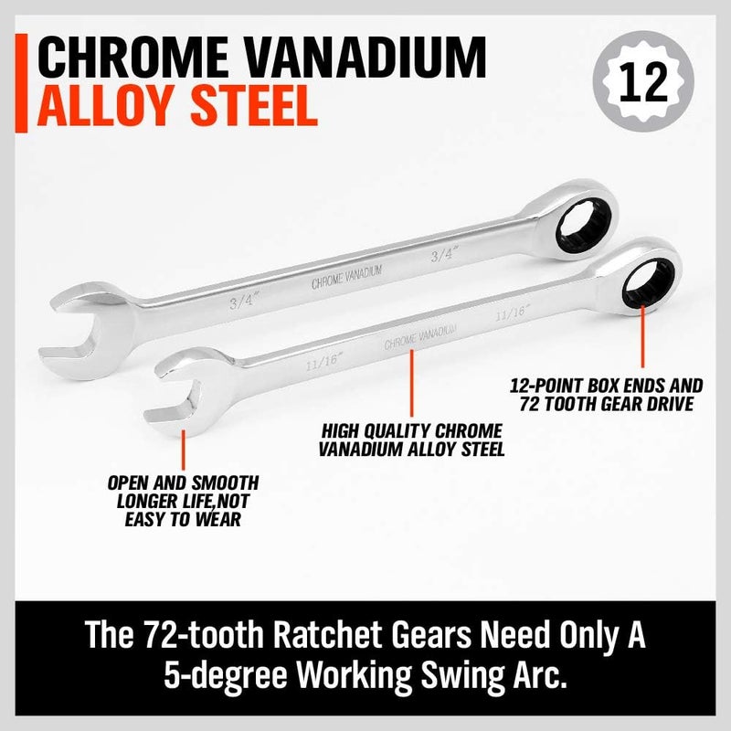 HORUSDY Ratcheting Wrench Set | 48-Piece | Cr-V Steel | 72 Teeth Ratchet Wrench 6-18mm & SAE 1/4-3/4" | with Roll Up Pouch and Allen Wrench - Image 2