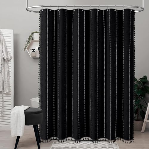BTTN Boho Farmhouse Shower Curtain, Linen Rustic Weighted Striped Fabric Shower Curtain Set with Tassel, Water Repellent, Bohemian Vintage Country Shower Curtains for Bathroom, Black and White, 72x72 - Image 2