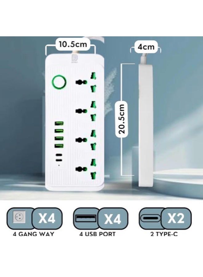 DANEEN 4 Universal AC Power Extension Socket with 4 USB-A Ports and 2 USB-C Ports, 3 Meter Extension Cord, Individual Power Switch, Child Safety Design, White - Image 3