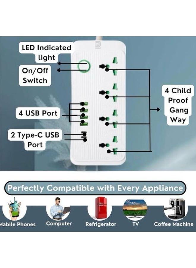 DANEEN 4 Universal AC Power Extension Socket with 4 USB-A Ports and 2 USB-C Ports, 3 Meter Extension Cord, Individual Power Switch, Child Safety Design, White - Image 4