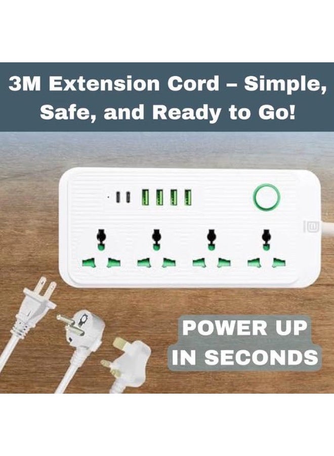 DANEEN 4 Universal AC Power Extension Socket with 4 USB-A Ports and 2 USB-C Ports, 3 Meter Extension Cord, Individual Power Switch, Child Safety Design, White - Image 2