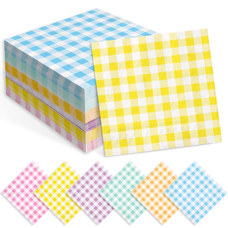 Whaline 120Pcs Gingham Cocktail Napkins 6 Pastel Colors Plaid Paper Napkins Colorful Checkered Disposable Dinner Napkins for Spring Easter One Silly Goose Party Table Decorations - Image 1