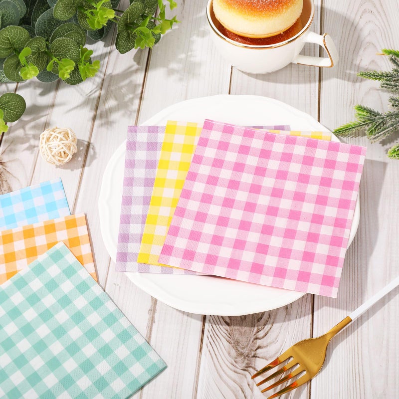 Whaline 120Pcs Gingham Cocktail Napkins 6 Pastel Colors Plaid Paper Napkins Colorful Checkered Disposable Dinner Napkins for Spring Easter One Silly Goose Party Table Decorations - Image 3