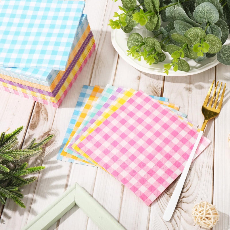 Whaline 120Pcs Gingham Cocktail Napkins 6 Pastel Colors Plaid Paper Napkins Colorful Checkered Disposable Dinner Napkins for Spring Easter One Silly Goose Party Table Decorations - Image 4