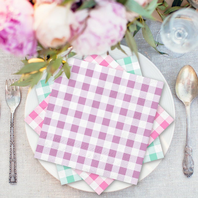 Whaline 120Pcs Gingham Cocktail Napkins 6 Pastel Colors Plaid Paper Napkins Colorful Checkered Disposable Dinner Napkins for Spring Easter One Silly Goose Party Table Decorations - Image 5