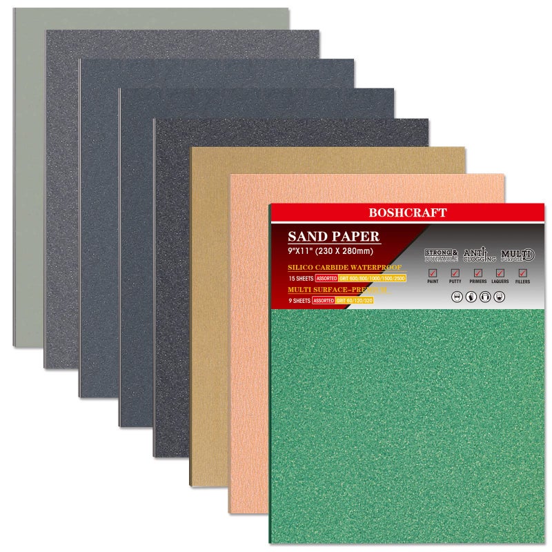 BOSHCRAFT 24 Pcs Sandpaper Wet & Dry Sandpaper Assortment 60/120/320/600/800/1000/1500/2500 Grit Sand Paper For Wood Metal Automotive Drywall Plastic 9 ? 11 Inch Sandpaper Sheets - Image 1