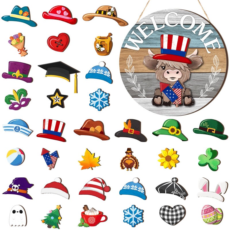 Vicenpal 35 Pcs Patriotic Interchangeable Highland Cow Welcome Sign 4th of July Highland Cow Seasonal Wooden Hanging Door Decor Farmhouse Hanging Sign for All Seasons Holiday Party DecorLight Blue - Image 2